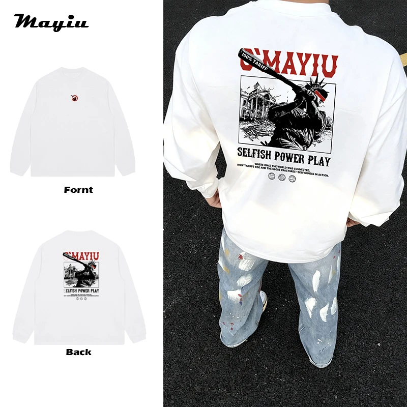 街头嘻哈美式vintage潮牌秋季嘻哈复古印花圆领T恤男女长袖上衣