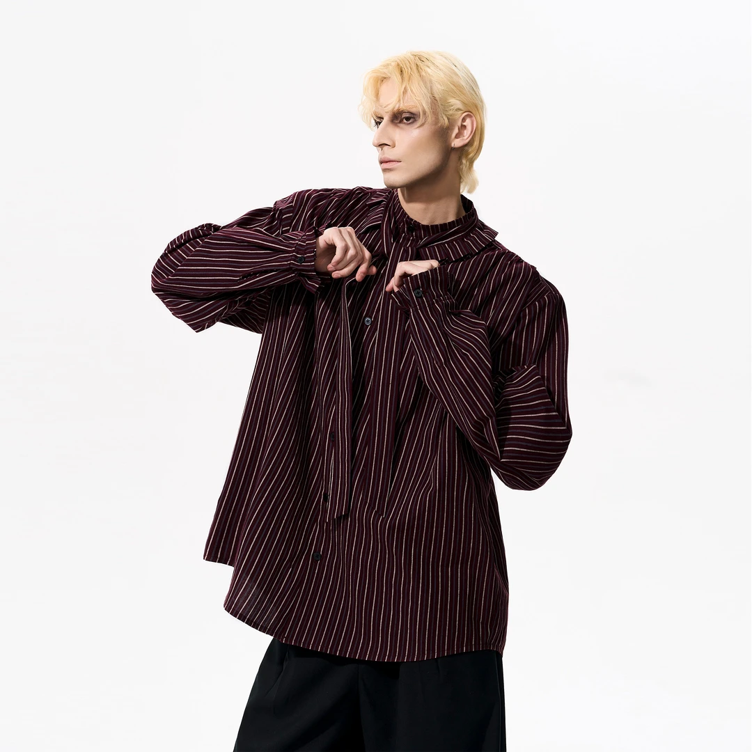 SEE法式复古竖条纹长袖领带衬衫男 秋季高级男士纯棉荷叶领衬衣潮