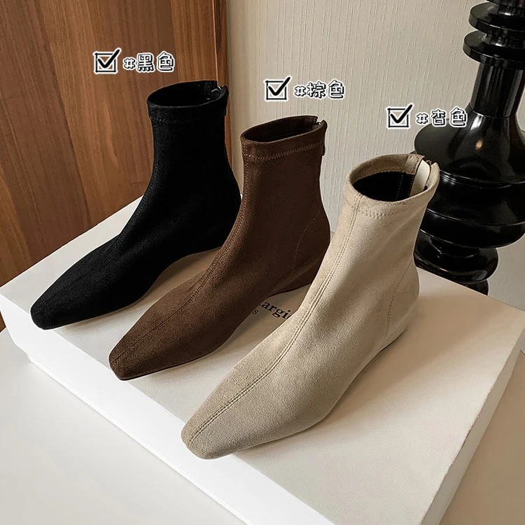 弹力绒面4cm~内增高短靴女秋冬韩系裸靴袜靴棕色瘦瘦靴坡跟大码鞋