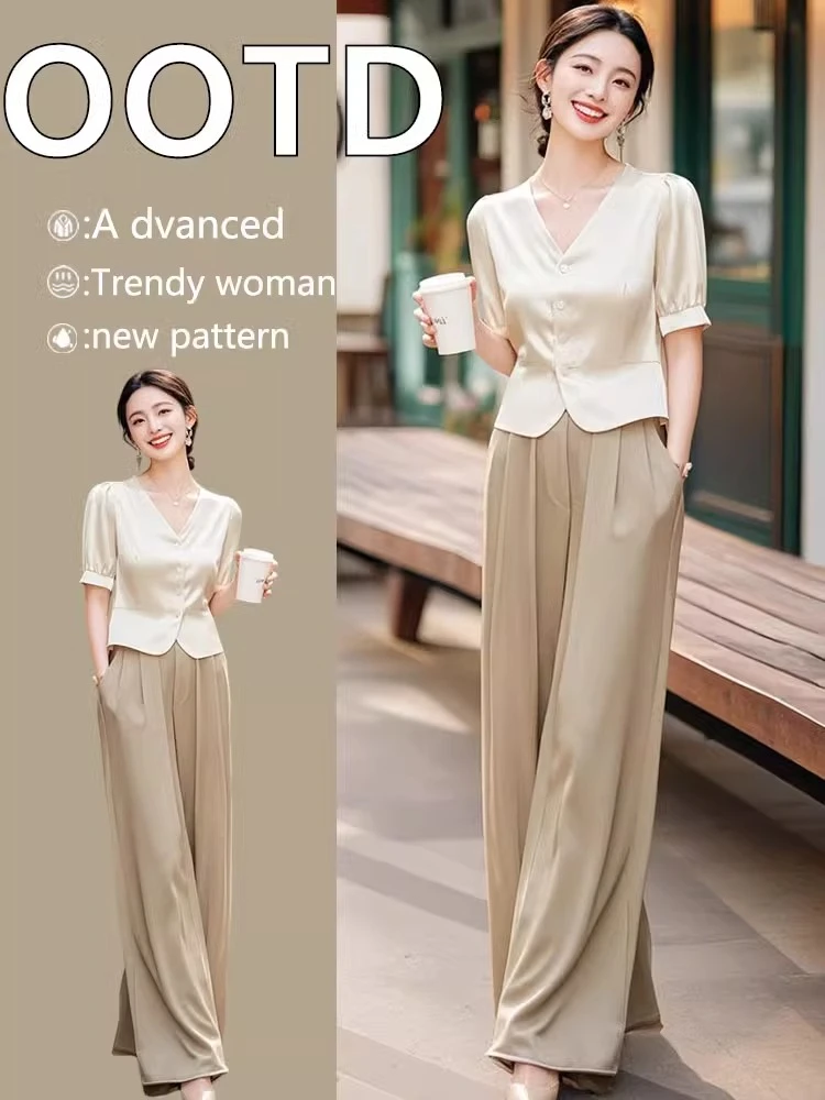 2025新款夏季搭配一整套高级感干练气质职业上衣阔腿裤两件套装女