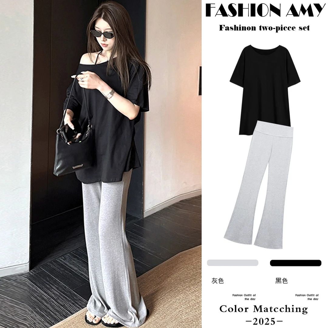 孕妇套装夏装新款时尚韩版宽松慵懒风一字肩短袖T恤显瘦喇叭裤子