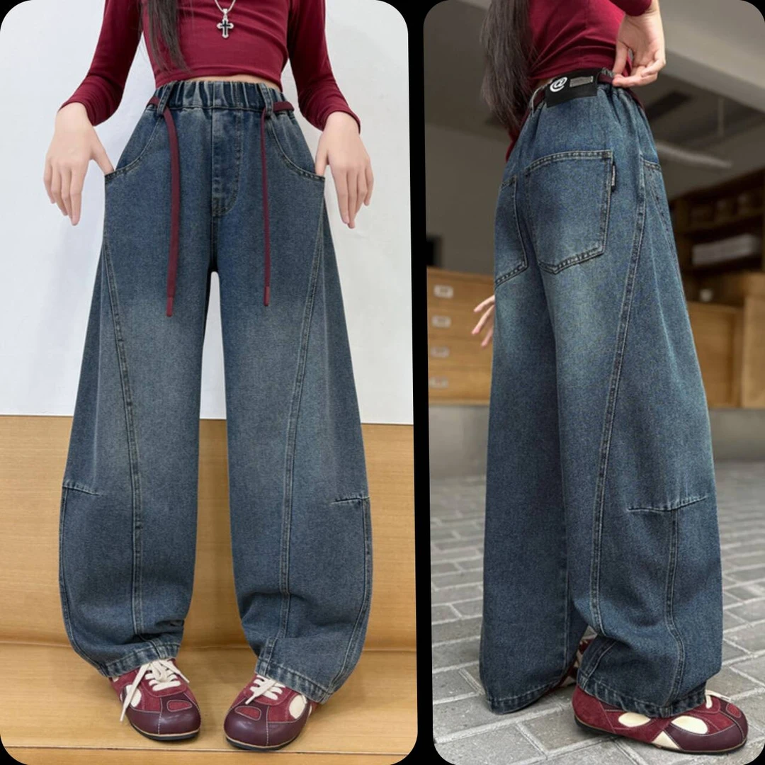 女童弯刀牛仔裤春秋新款2025儿童6-12岁15洋气休闲宽松弯刀直筒裤