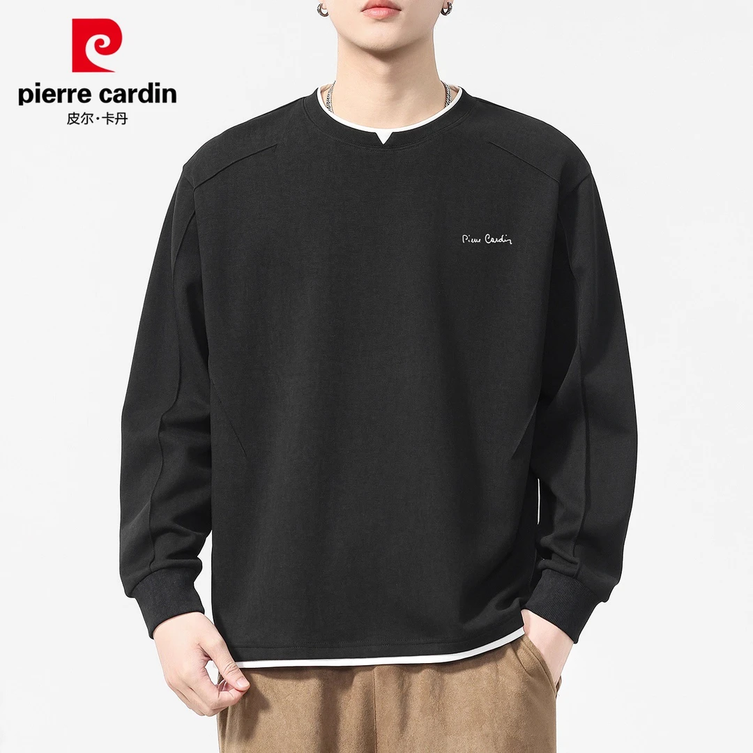 皮尔卡丹假两件长袖卫衣男士秋季新款潮流休闲慵懒风打底上衣男装