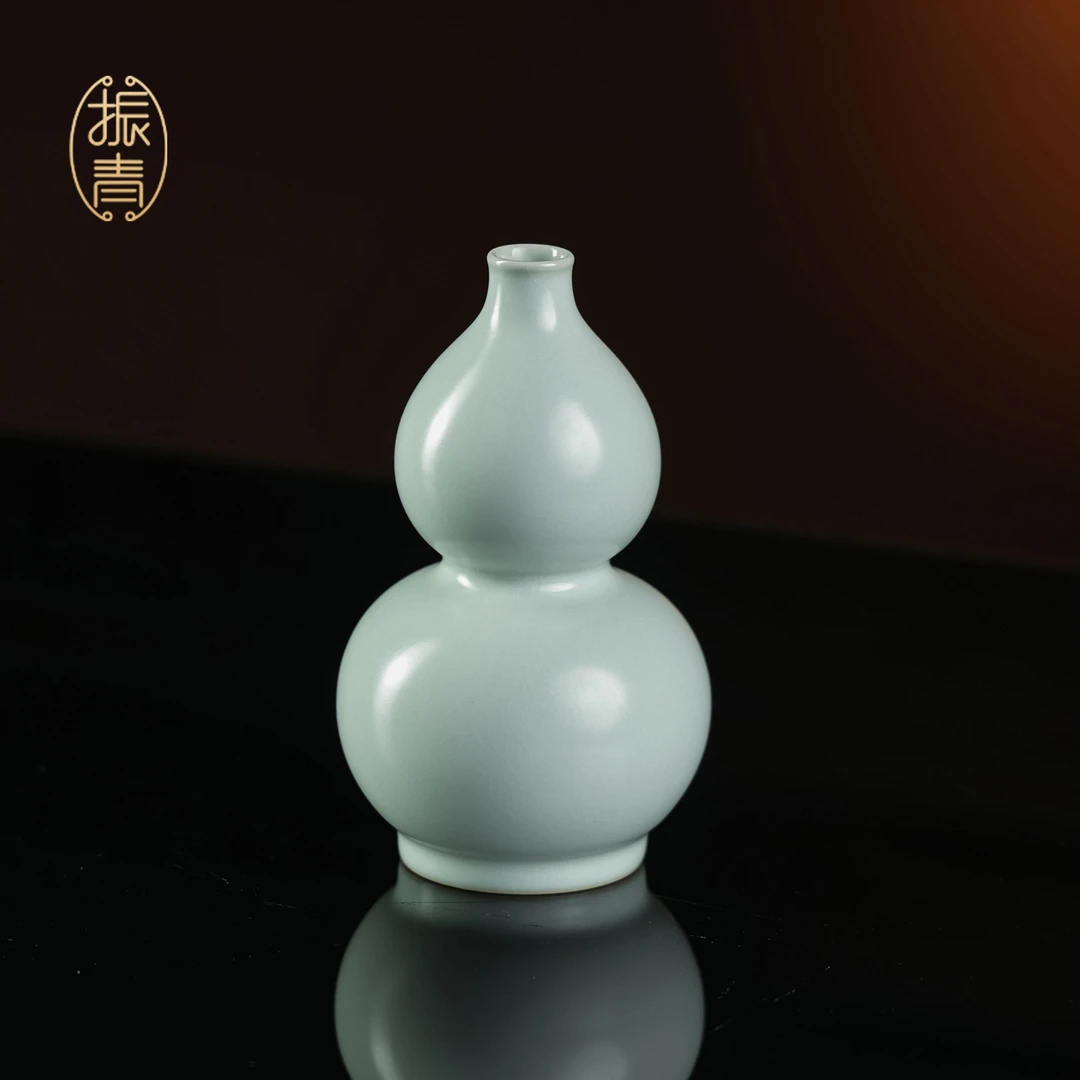 振青汝窑葫芦瓶小号花瓶家用客厅陶瓷摆件茶宠青瓷开片中式礼盒装