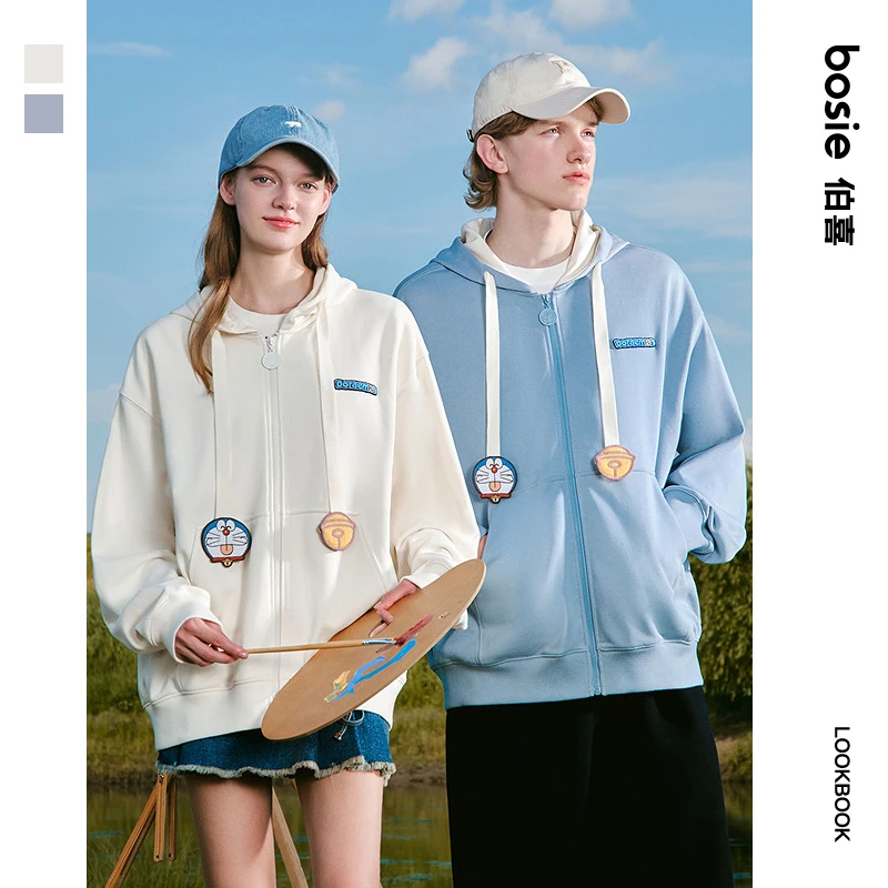 【哆啦A梦】bosie伯喜2025年秋季新款趣味帽绳拉链连帽卫衣男情侣