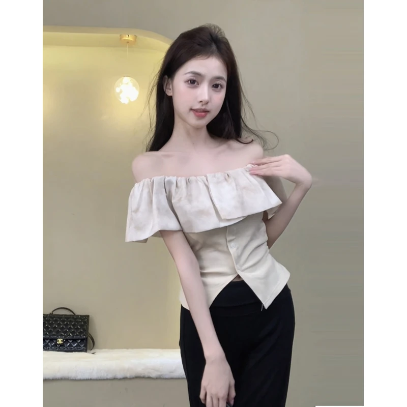 【清仓】杏色荷叶边一字肩短袖衬衫女高级感轻奢小众绝美短款上衣