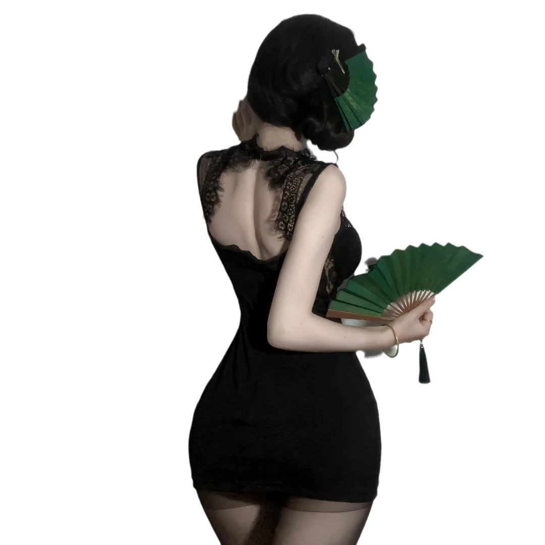 性感气质蕾丝睡裙透气深V显瘦辣妹修身包臀裙夏季黑色薄款睡衣