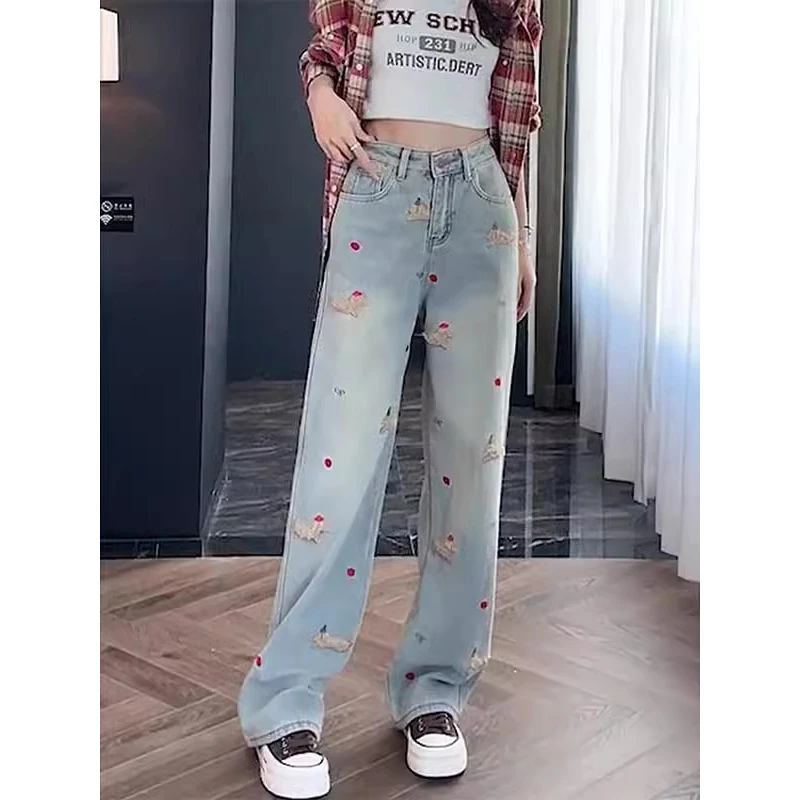 设计感腊肠狗刺绣牛仔裤女春季新款胖妹妹mm高腰宽松显瘦阔腿长裤