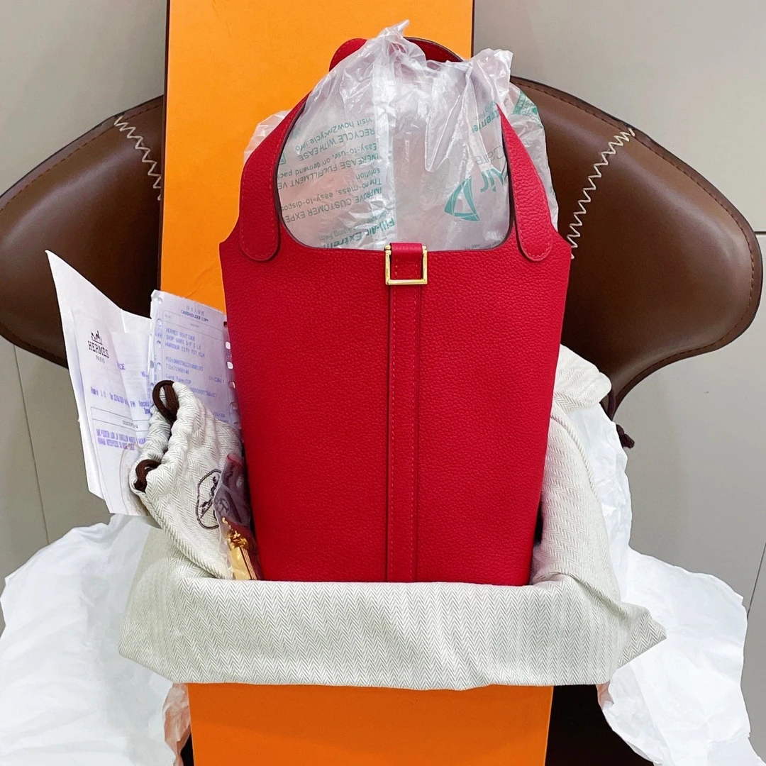 99新 Hermes/爱马仕 picotin18朱砂红金扣菜篮子手提包D刻