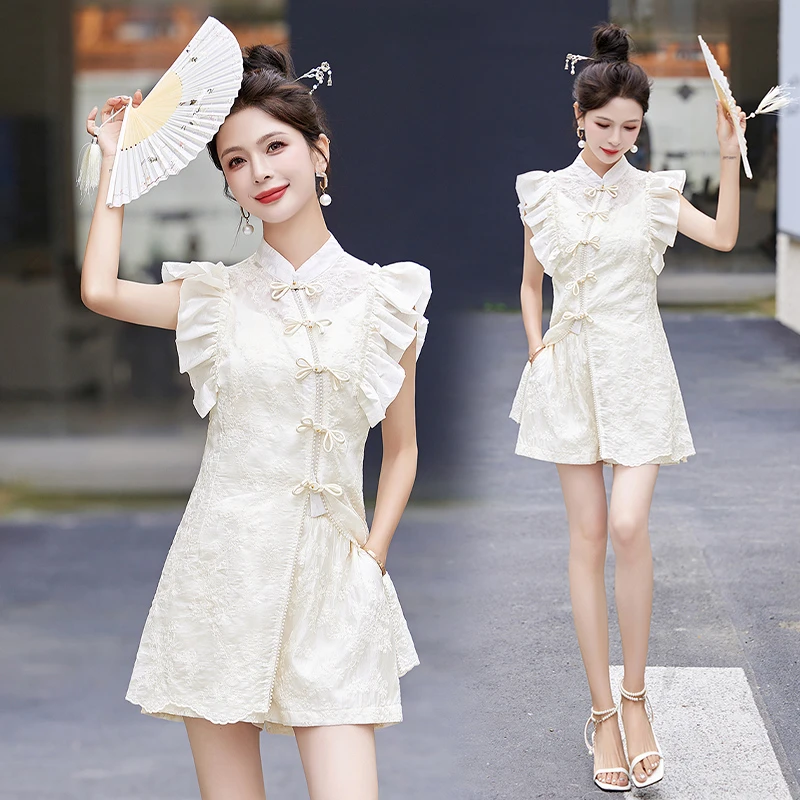 新中式国风短裤套装女2025夏季新款飞飞袖漂亮气质改良旗袍两件套