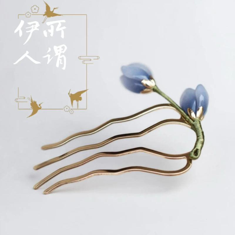 四齿发梳郁金香发簪女民族风复古宫廷原创设计发簪朋克风古风发饰