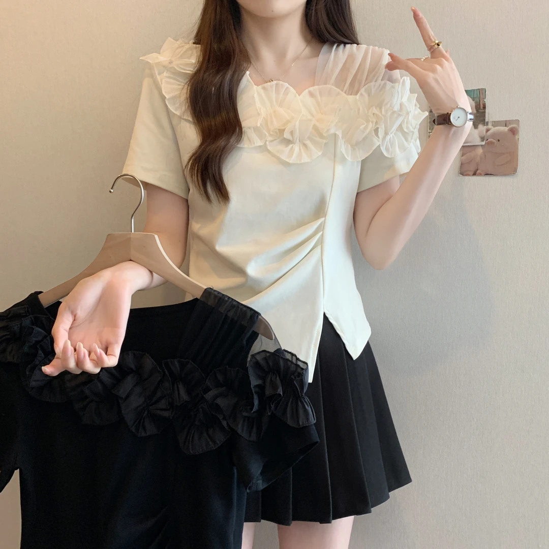 实拍大码女装夏季新款网纱拼接立体花朵减龄修身不规则短袖上衣