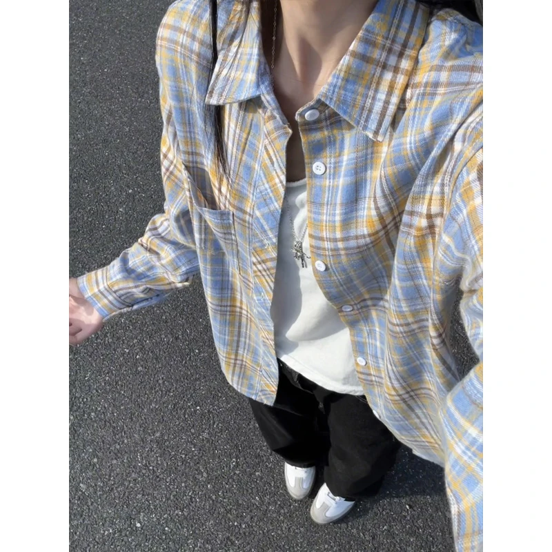 美式黄蓝格子衬衫男秋季高级感男装格纹长袖衬衣cleanfit复古外套