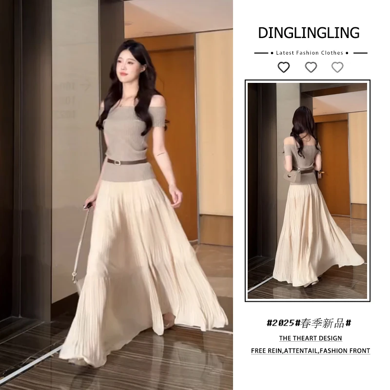 2025年春夏新款韩穿搭套装女气质修身一字领上衣百褶半身裙两件套