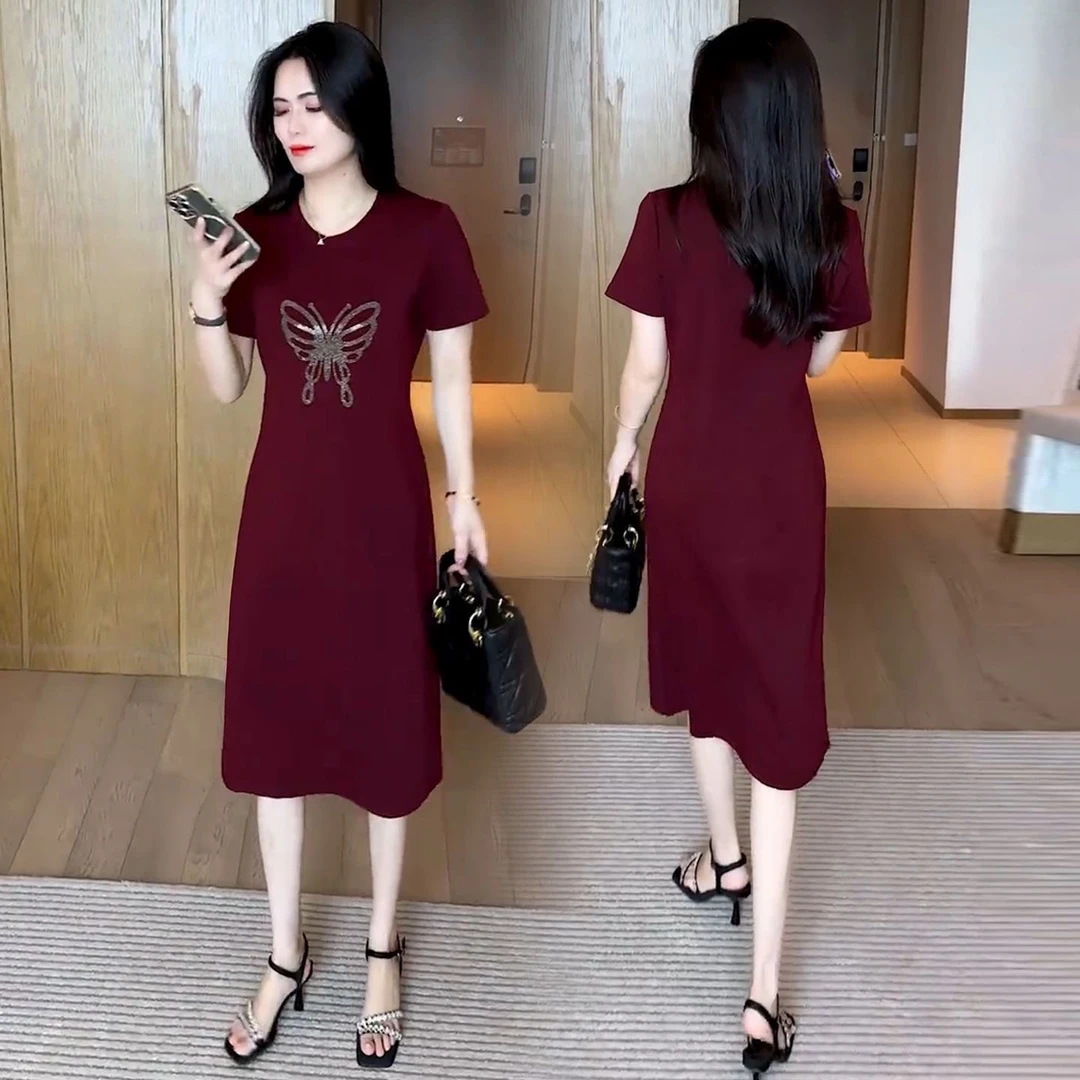 时尚休闲连衣裙女2025夏季新款洋气质显瘦遮肉中长款宽松T恤裙子