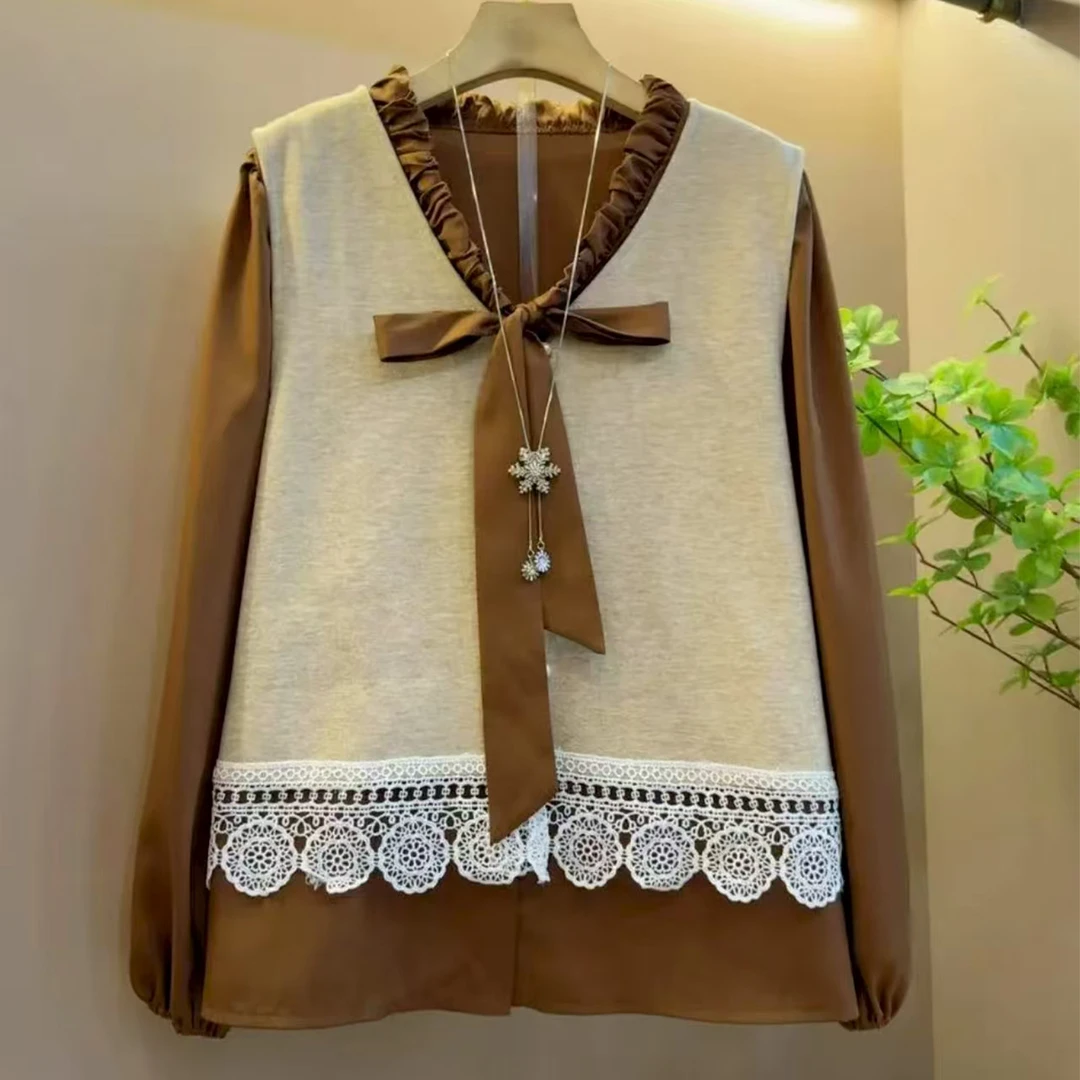 2025秋季新款甜美时尚百搭显瘦胖妹妹大码蕾丝拼接马甲衬衫两件套