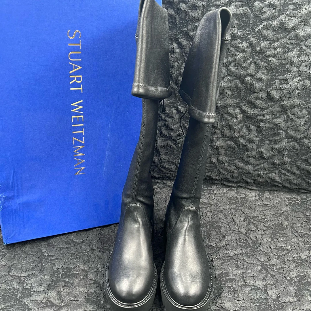 99新 StuartWeitzman 黑色绑带拼皮厚底过膝长靴 36码/99新/原盒