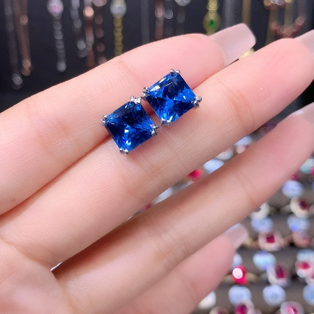 蓝宝石耳饰银S925镶嵌白8矢车菊