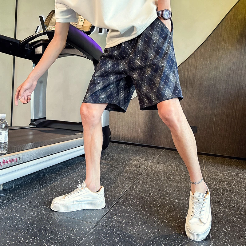 殿若轻奢格子轻奢短裤男款夏季薄款宽松四分沙滩裤复古男士休闲裤