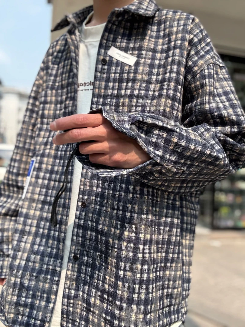 春秋格子加厚衬衫宽松外套贴标长袖外套提花衬衣夹克美式潮