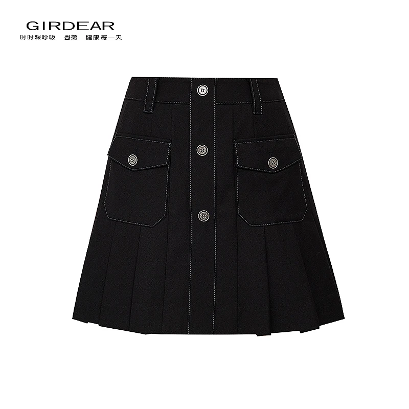 哥弟  女装新款时尚青春活力百搭漫画感压褶百褶短裙120031