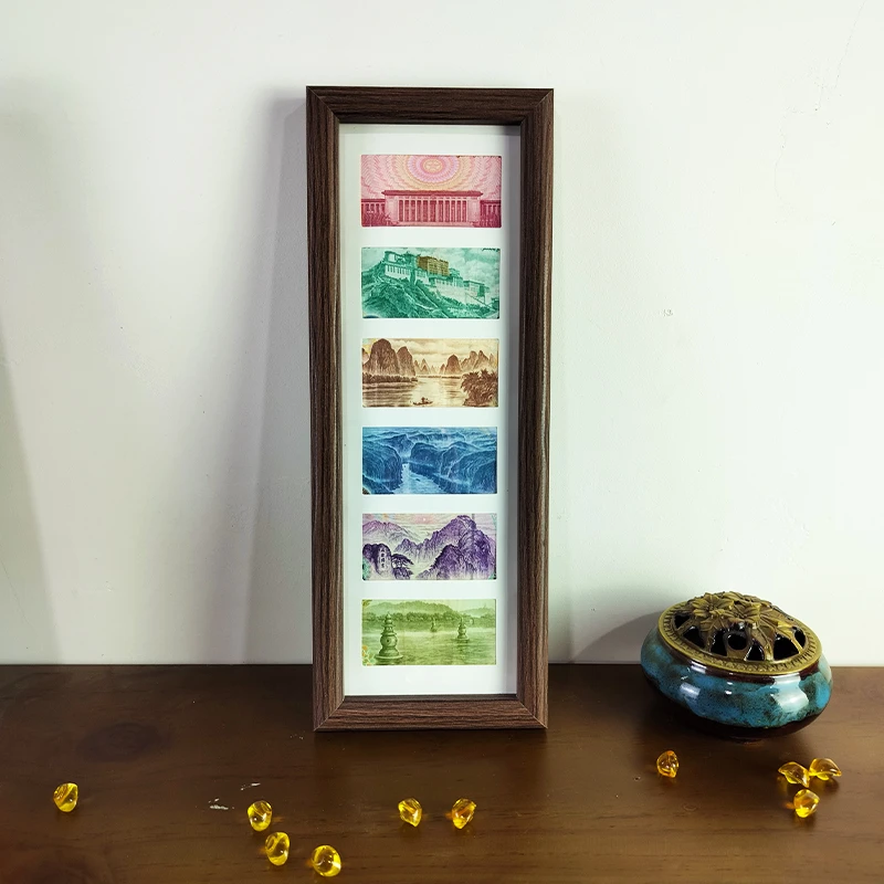 六连框人民币相框摆台中式山水画框摆件桌面金钱币展示画像收藏