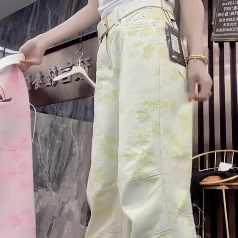2025夏季新款高腰显瘦大码阔腿显瘦提花牛仔裤休闲裤