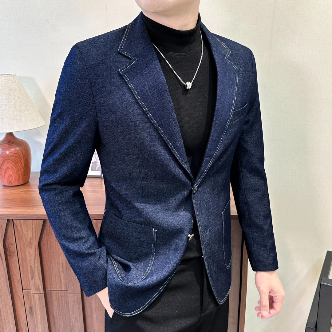 复古牛仔蓝休闲西服外套男款设计师男装高级感2025潮款痞帅男西装