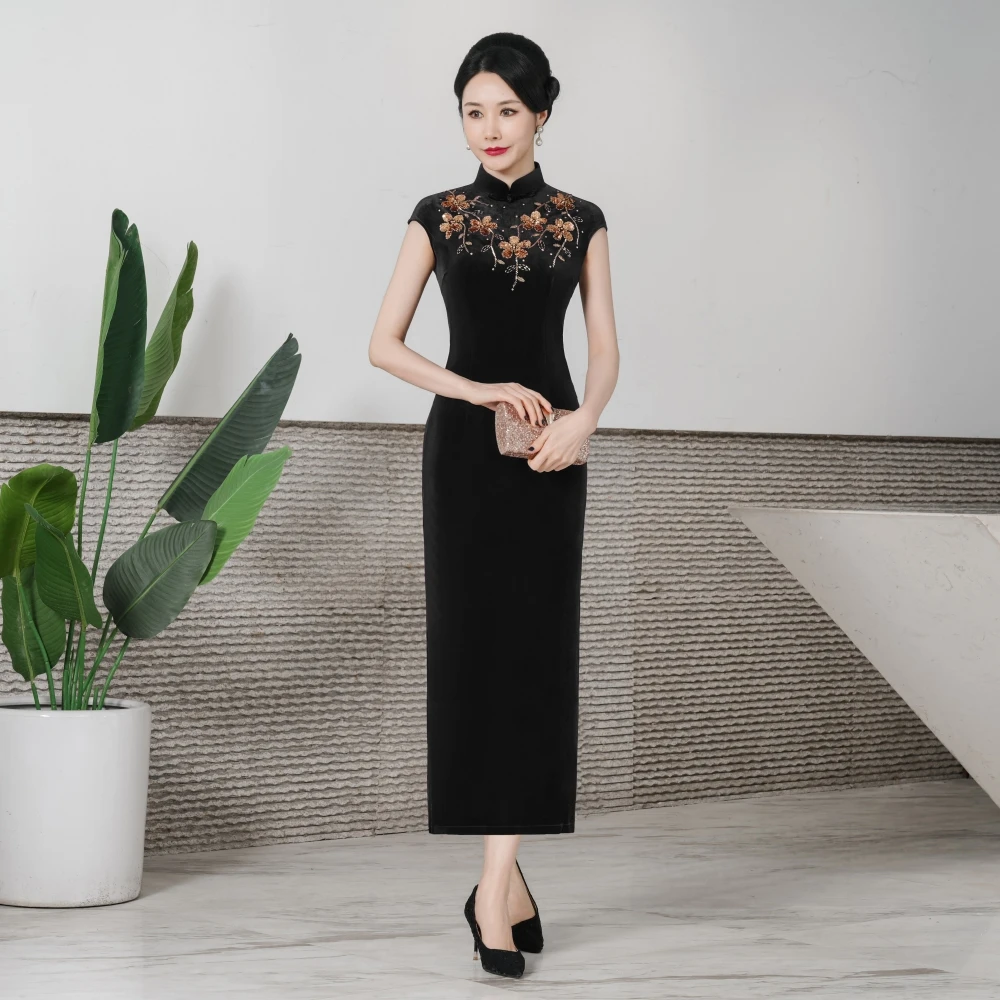 时尚气质春夏新款改良韩国绒旗袍长款无袖修身夏季女敬酒大码6XL