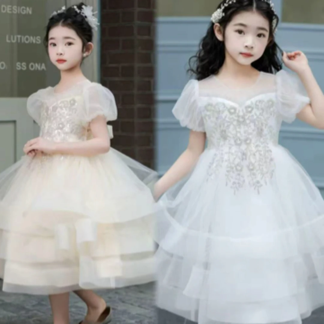 公主风生日白色公主女演出服童装宴会礼服礼服蓬蓬纱