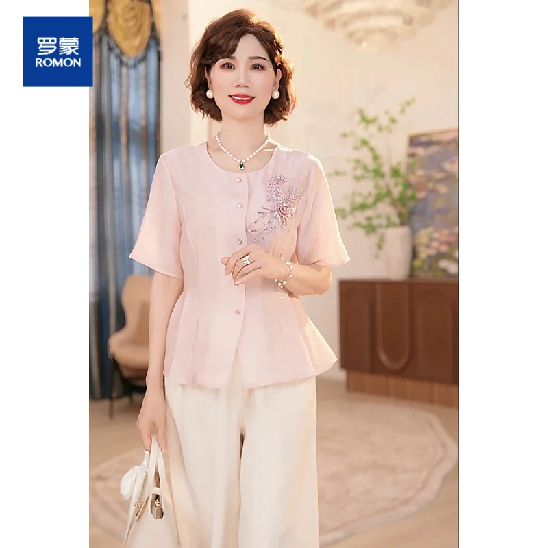 中年妈妈夏季套装2025新款洋气上衣中老年女装两件套大码绣花衬衫