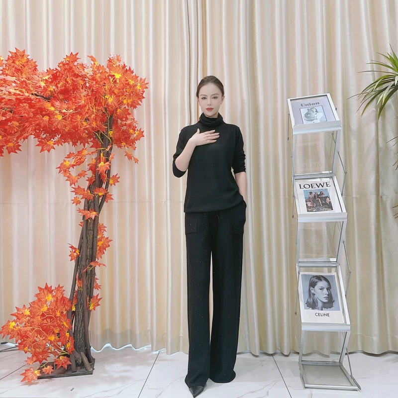 A016【单上衣】黑色卷领针织师优雅时尚轻奢气质休闲宽松针织衫