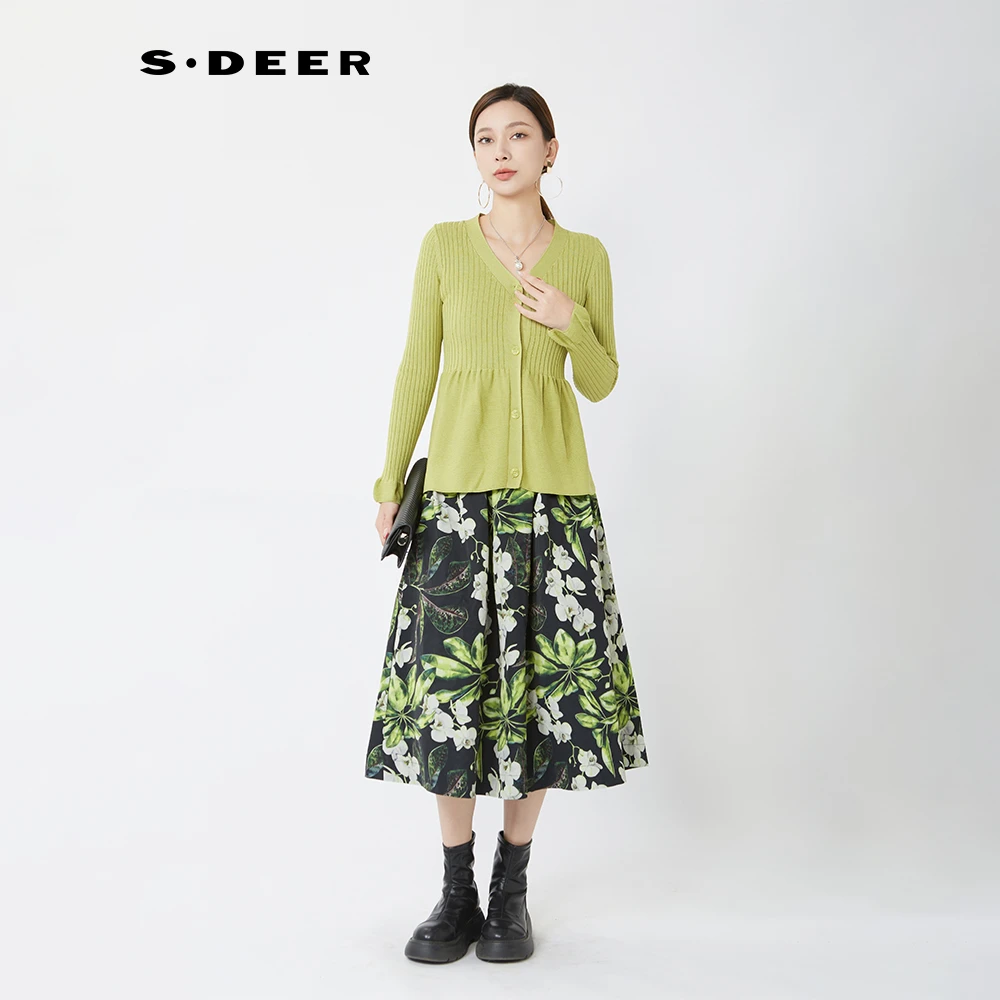 S·DEER圣迪奥气质典雅A字职场碎花长裙显瘦中腰时尚休闲半身裙