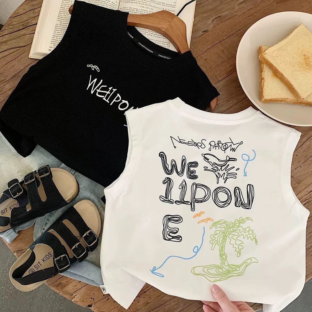 男童背心儿童无袖t恤夏季薄款宝宝夏装纯棉吊带外穿男孩白色上衣