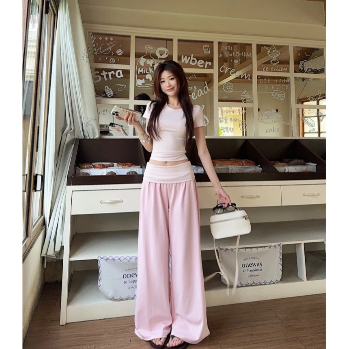 修身粉色短袖正肩T恤上衣女夏季显瘦套装高腰阔腿裤休闲裤两件套