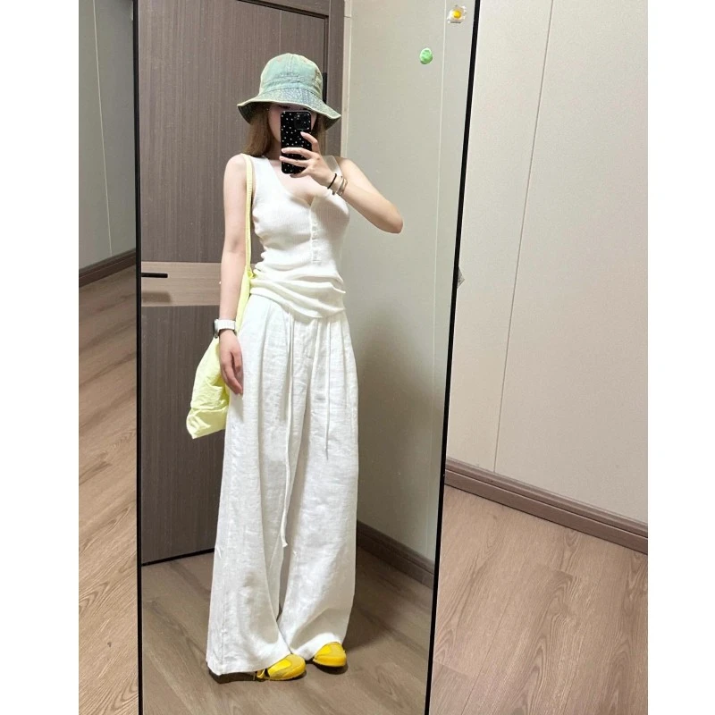 白色苎麻阔腿裤女夏季高腰宽松亚麻直筒休闲裤松弛感棉麻拖地裤子