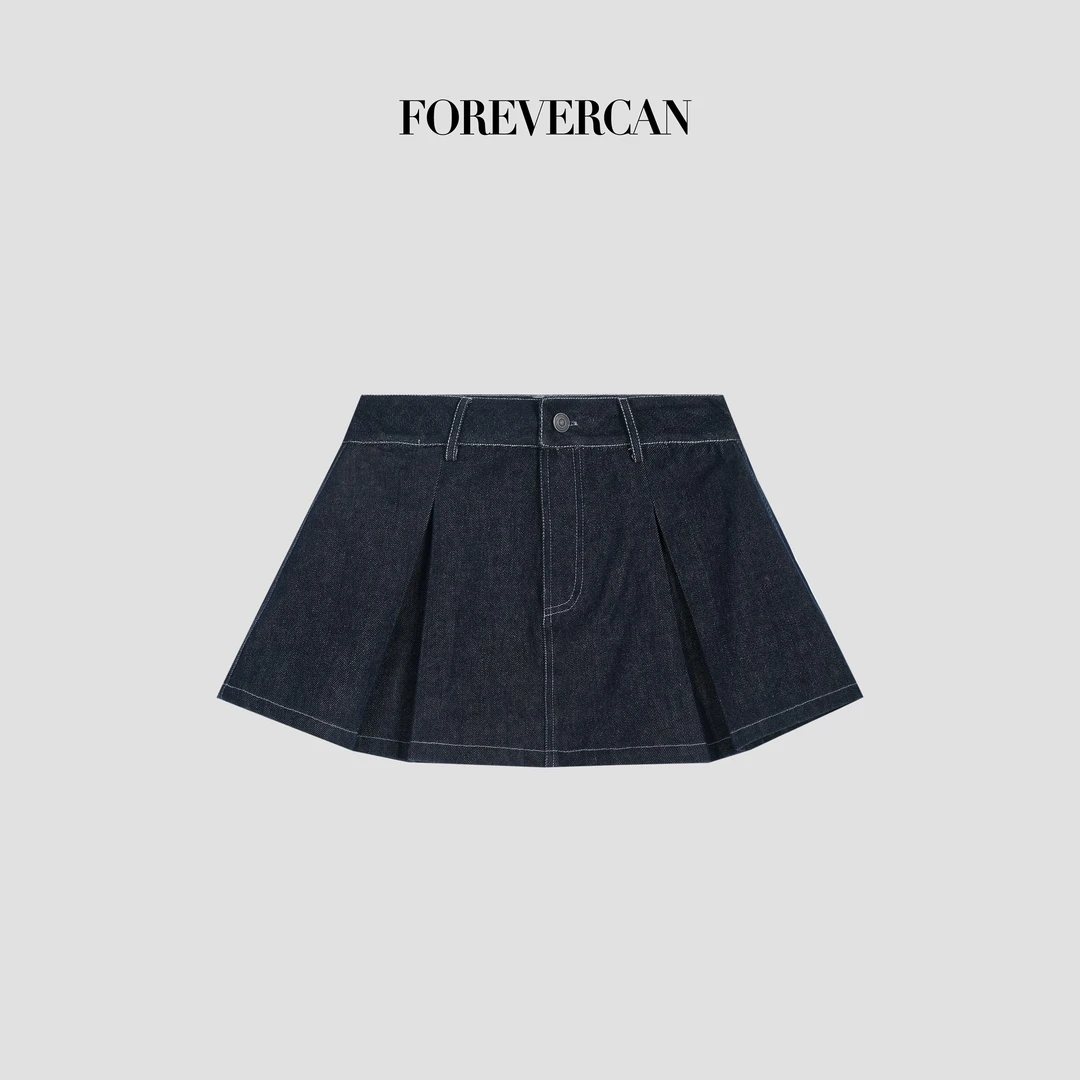 FOREVERCAN“元气美高”复古原色双褶百搭牛仔半身裙 SD23172