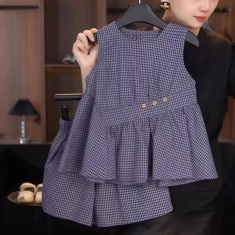 女童格子娃娃衫短裤套装2025夏季洋气无袖背心上衣裙裤棉布两件套