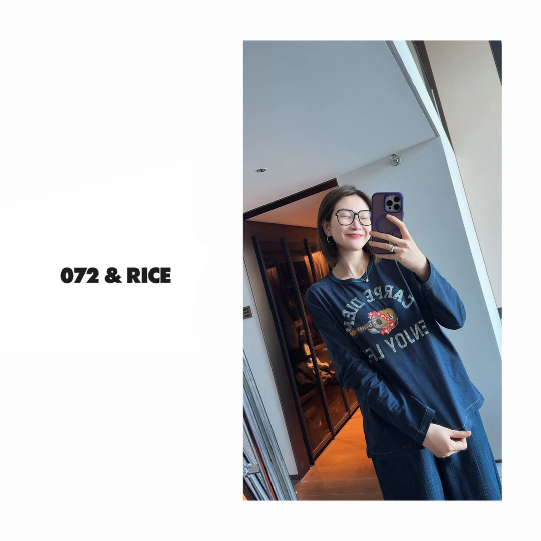 072 & RICE【吉他】100纯棉 秋季休闲圆领印花长袖T恤 31XD27