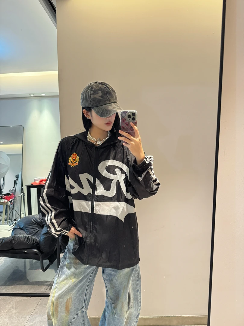 美潮原创品牌简约防晒字母印花长上衣三条杠夏季潮牌男女