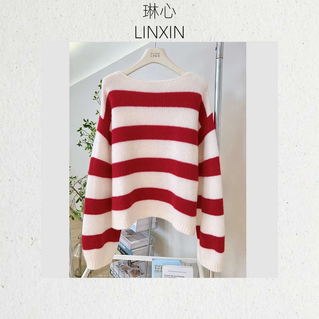 丨秋季宽松撞色红色条纹长袖圆领针织衫 9722