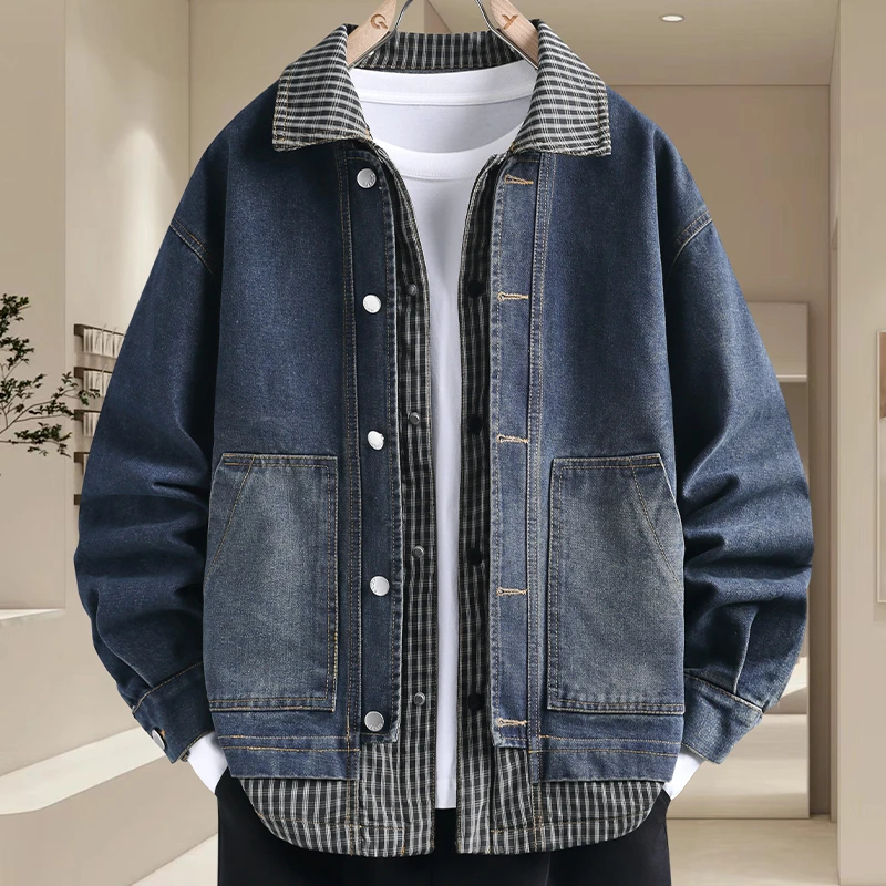 假两件牛仔外套男款春季2025年美式工装翻领夹克休闲复古格子上衣