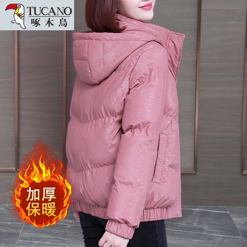 啄木鸟冬季舒适短款连帽棉服加厚保暖减龄显瘦休闲妈妈装棉衣女士
