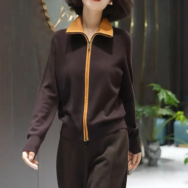 松弛老钱风加厚立领撞色双拉链针织衫潮秋冬新款时尚别致气质上衣