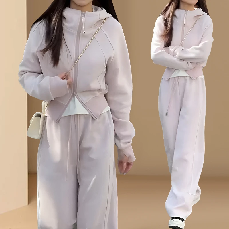 休闲卫衣时尚套装女2025春秋新款连帽拉链外套宽松阔腿裤两件套