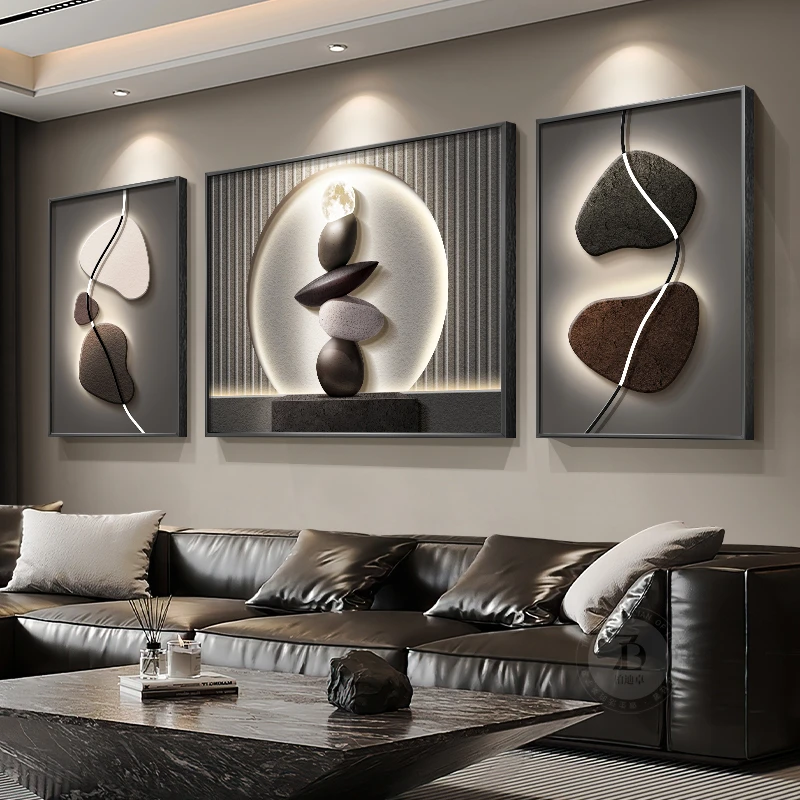 石来运转客厅装饰画轻奢高级感沙发背景墙挂画晶瓷立体感三联壁画