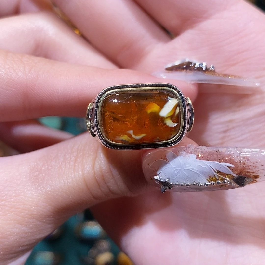 琥珀戒指银S925镶嵌K****乐戒指