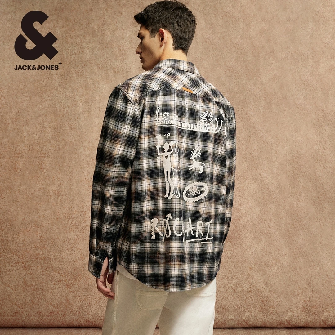 杰克琼斯秋季新款男士长袖衬衫舒适宽松上衣刺绣格纹高级感男装潮