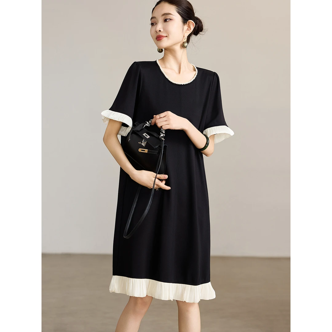 DUCURNO时尚钉珠黑色连衣裙女夏季2025新款撞色拼接宽松显瘦裙子