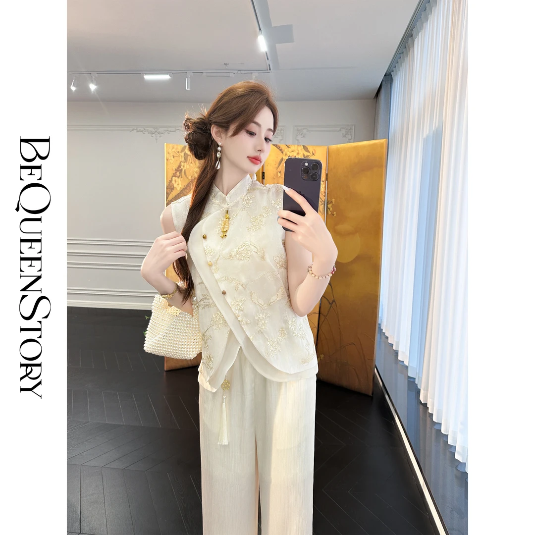 BeQueenStory【自由仙风】新中式凉爽素雅斜门襟立领马甲上衣